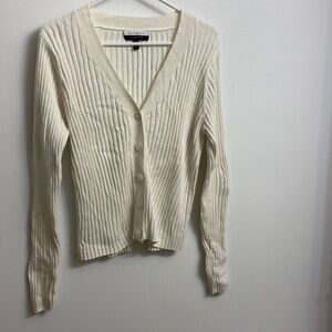 Ribbed vee neck cream cardigan
